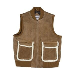 Vtg Windbreaker Leather Vest Men's Large Brown Sherpa Trim Westernwear 70s 80s